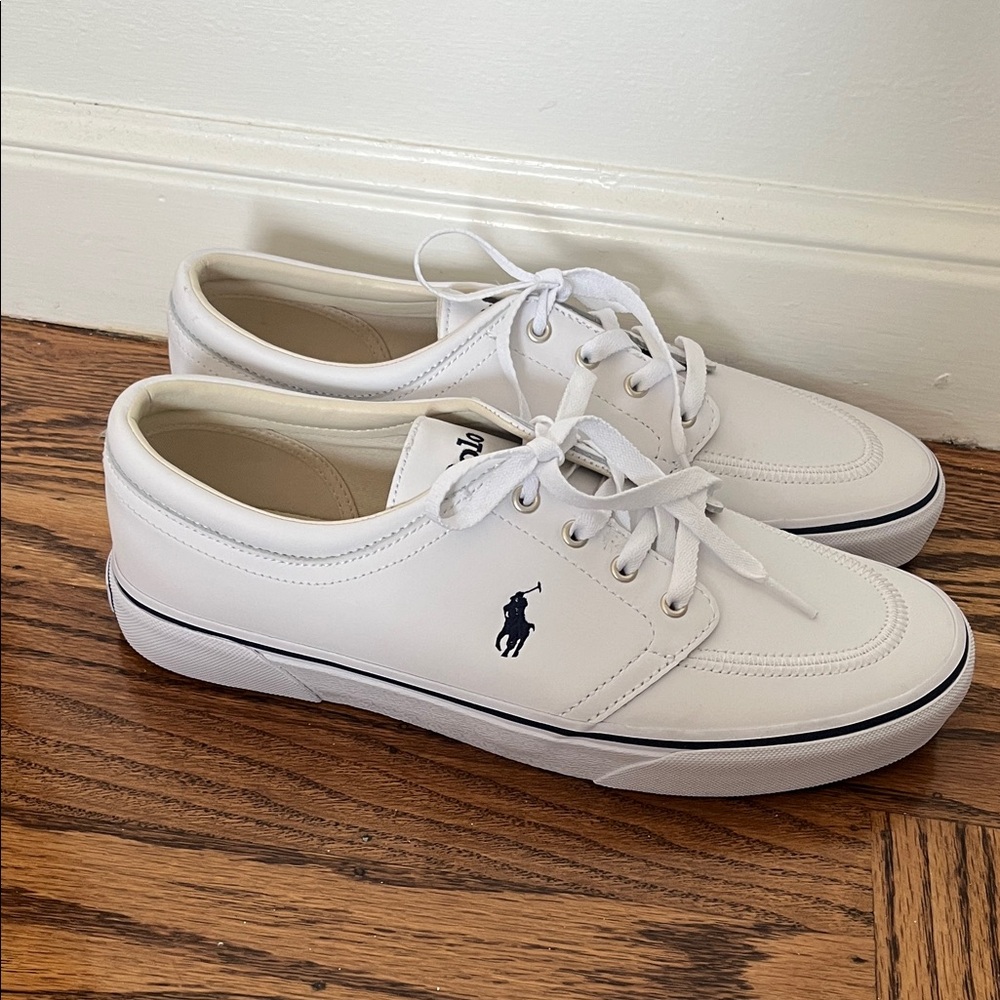 Polo by Ralph Lauren Men's White and Blue 💯% Upper Leather Sneakers NEW